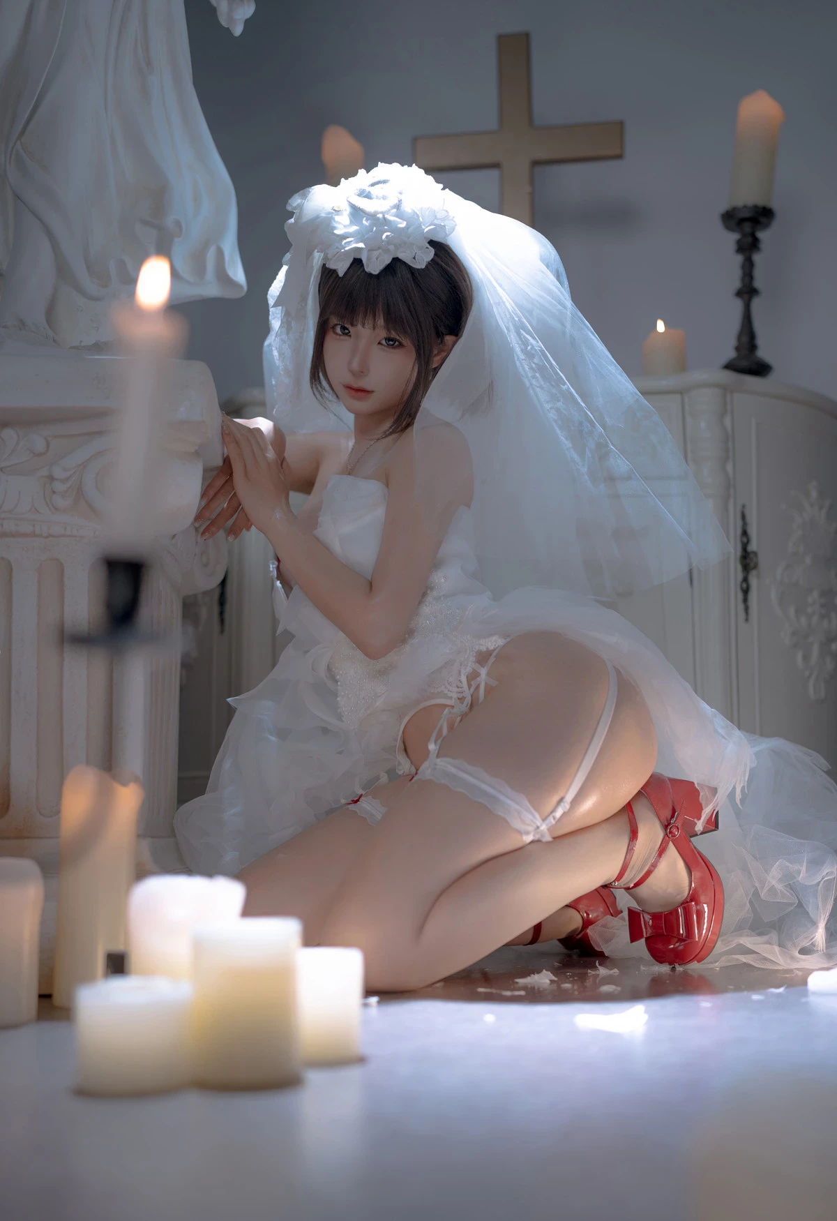動漫博主蠢沫沫婚主題性感白色婚紗配白絲吊襪